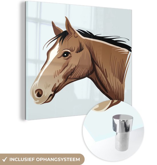 MuchoWow® Glasschilderij 90x90 cm - Schilderij acrylglas - Kinderillustratie van hoofd van bruin paard - Foto op glas - Schilderijen
