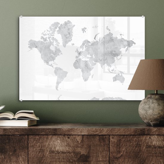 Peinture sur Verre - Carte du Wereldkaart - Grijs - Marbre - 60x40 cm - Peintures sur Verre Peintures - Photo sur Glas