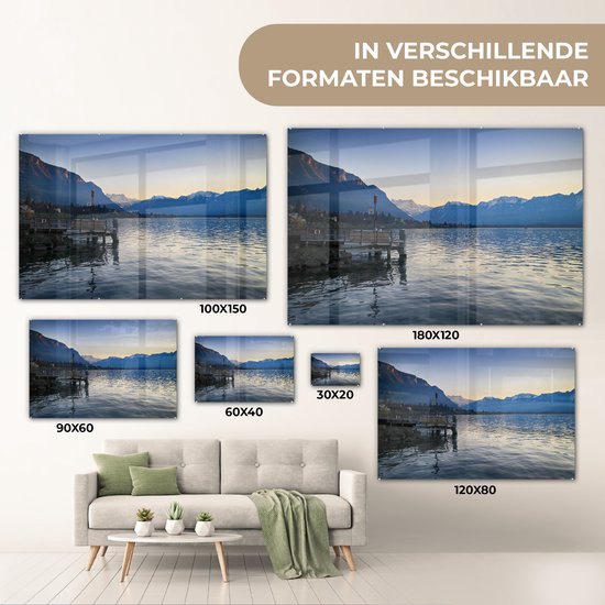 Coucher de soleil derrière les Alpes au lac Léman Plexiglas 90x60 cm - Tirage photo sur Glas (décoration murale plexiglas)