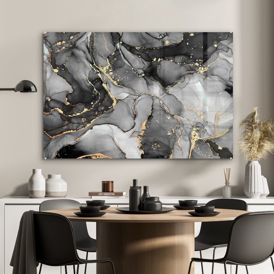 MuchoWow® Peinture sur Verre - Marbre - Zwart - Or - Grijs - 120x80 cm - Peintures sur Verre Peintures - Photo sur Glas