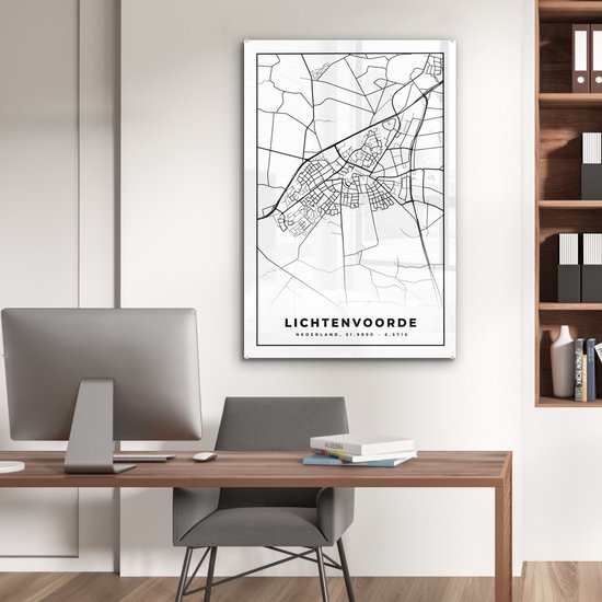 MuchoWow® Peinture sur verre - Lichtenvoorde - Zwart Wit - Plan de la ville - Plan d'étage - Carte - Nederland - 60x90 cm - Peintures sur verre acrylique - Photo sur Glas