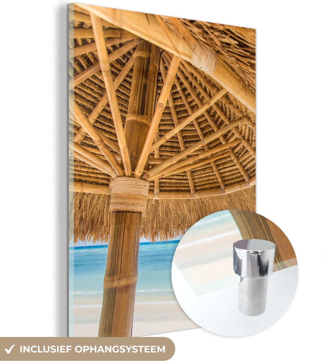 MuchoWow® Glasschilderij 30x40 cm - Schilderij acrylglas - Parasol - Strand - Zee - Tropisch - Foto op glas - Schilderijen