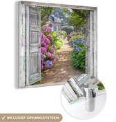 MuchoWow® Glasschilderij 20x20 cm - Schilderij acrylglas - Doorkijk - Hortensia - Bloemen - Foto op glas - Schilderijen