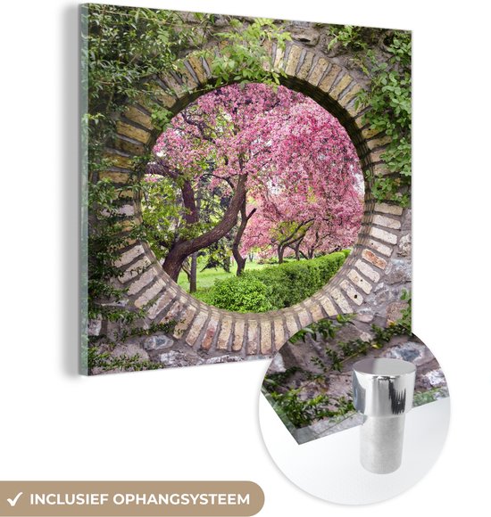 MuchoWow® Peinture sur Verre - Voir à Travers - Sakura - Fleur - Japonais - 90x90 cm - Peintures sur Verre Acrylique - Photo sur Glas