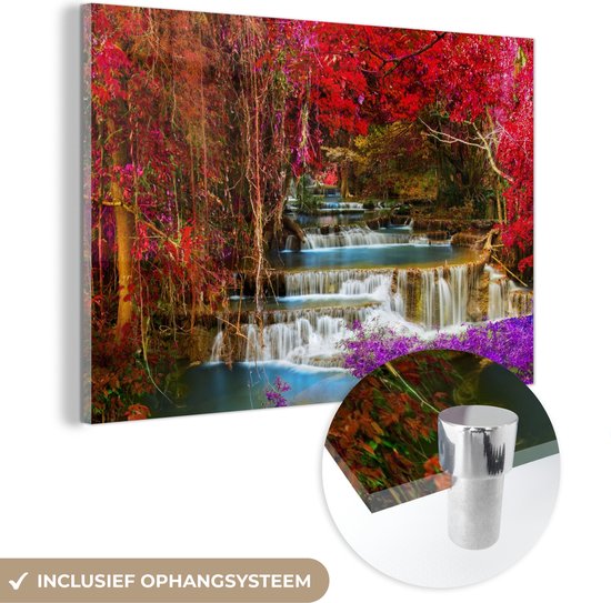 MuchoWow® Glasschilderij 90x60 cm - Schilderij acrylglas - Waterval - Roze - Bomen - Foto op glas - Schilderijen