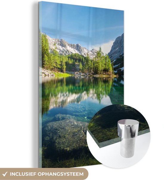 MuchoWow® Glasschilderij 120x180 cm - Schilderij acrylglas - Water - Bergen - Rotsen - Foto op glas - Schilderijen