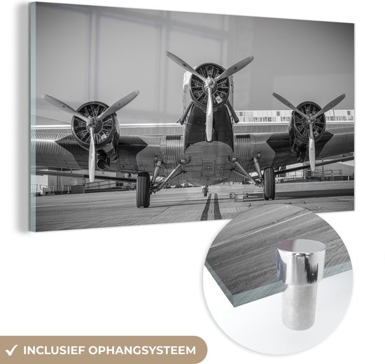Glasschilderij - Vliegtuig - Vliegen - Zwart - Wit - Acrylglas Schilderijen - Foto op Glas