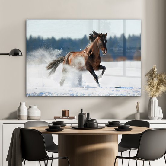 MuchoWow® Peinture sur verre 120x80 cm - Peinture sur verre acrylique - Cheval - Neige - Hiver - Photo sur verre - Peintures