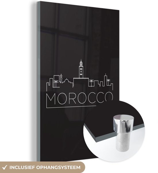 MuchoWow® Glasschilderij 80x120 cm - Schilderij acrylglas - Skyline "Marokko" op een zwarte achtergrond - Foto op glas - Schilderijen