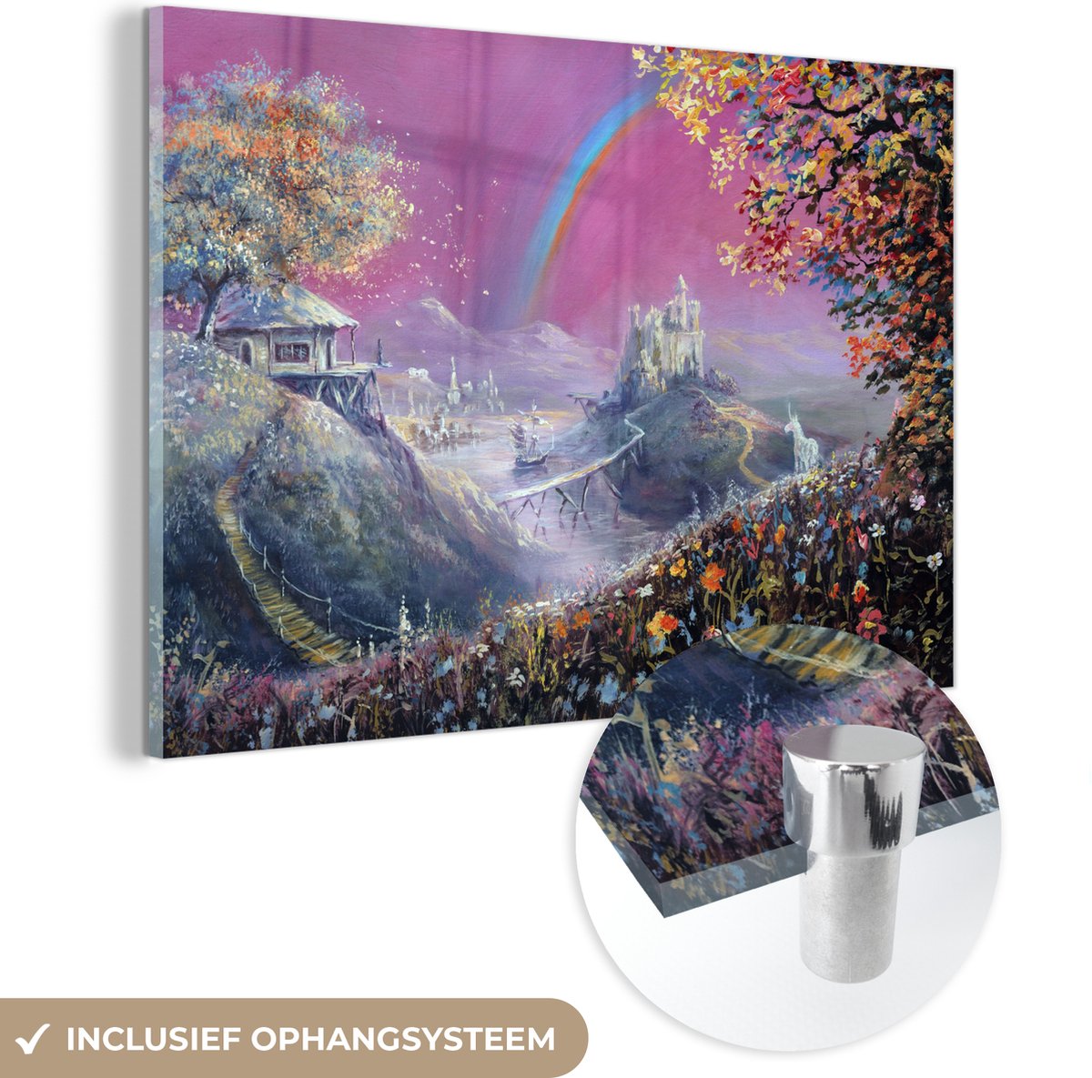 ® Glasschilderij 180x120 cm - Schilderij acrylglas - Olieverf schilderij van een sprookjeslandschap - Foto op glas - Muurdecoratie woonkamer - Wanddecoratie slaapkamer - Schilderijen