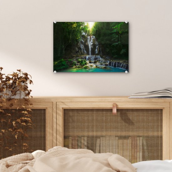 MuchoWow® Peinture sur verre 30x20 cm - Peinture sur verre acrylique - Cascade - Soleil - Arbres - Photo sur verre - Peintures