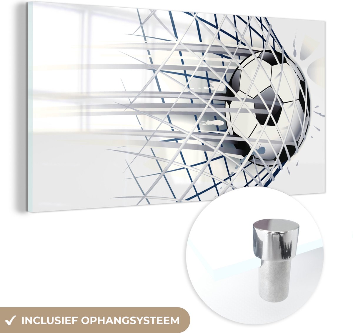 ® Glasschilderij 40x20 cm - Schilderij acrylglas - Een illustratie van een voetbal die het doel in gaat - Jongetjes - Meisjes - Kids - Foto op glas - Muurdecoratie woonkamer - Wanddecoratie slaapkamer - Schilderijen