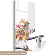 MuchoWow® Glasschilderij 80x160 cm - Schilderij acrylglas - Vogel tussen roze bloemen - Foto op glas - Schilderijen