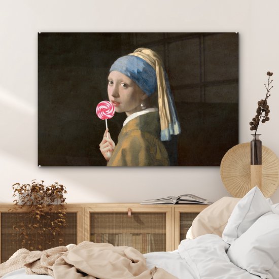 MuchoWow® Peinture sur Verre - Fille à la Perle - Johannes Vermeer - Sucette - 90x60 cm - Peintures sur Verre Acrylique - Photo sur Glas