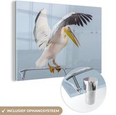 MuchoWow® Glasschilderij 180x120 cm - Schilderij acrylglas - Roze pelikaan spreid zijn vleugels - Foto op glas - Schilderijen