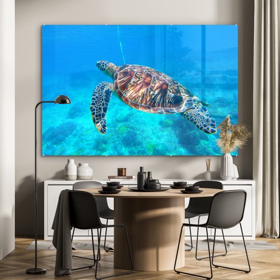 MuchoWow® Peinture sur Verre - Tortue - Mer - Blauw - 180x120 cm - Peintures sur Verre Acrylique - Photo sur Glas