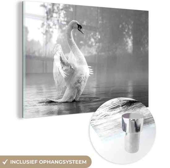 MuchoWow® Glasschilderij 120x80 cm - Schilderij acrylglas - Zwaan in mistig meer - zwart wit - Foto op glas - Schilderijen