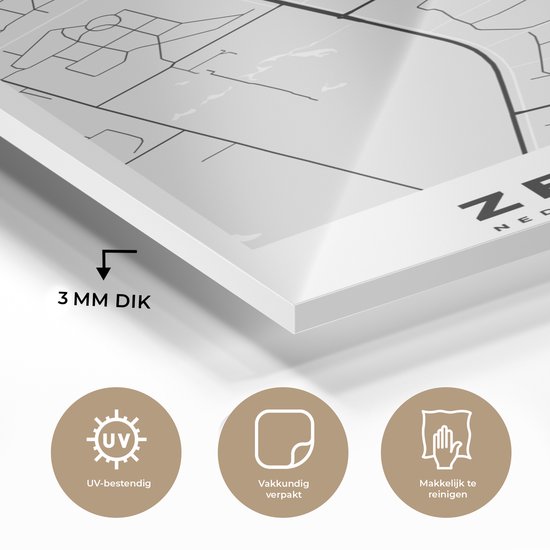 MuchoWow® Glasschilderij 40x60 cm - Schilderij acrylglas - Stadskaart - Zeewolde - Grijs - Wit - Foto op glas - Schilderijen - Plattegrond