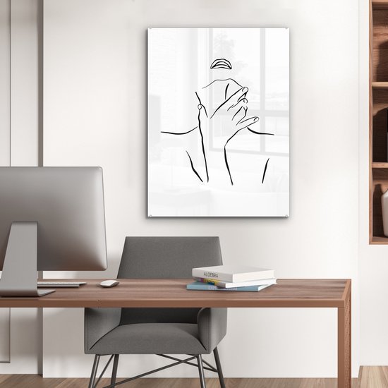 MuchoWow® Glasschilderij 60x80 cm - Schilderij acrylglas - Abstracte line art van een vrouw met een hand op haar nek - Foto op glas - Schilderijen