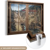 MuchoWow® Glasschilderij 60x40 cm - Schilderij acrylglas - Doorkijk - Trein - Berg - Foto op glas - Schilderijen
