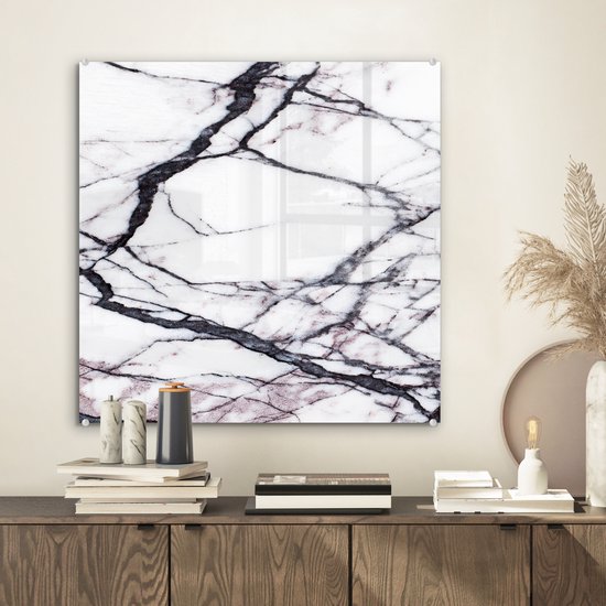 MuchoWow® Peinture sur verre 50x50 cm - Peinture sur verre acrylique - Marbre - Wit - Zwart - Photo sur verre - Peintures