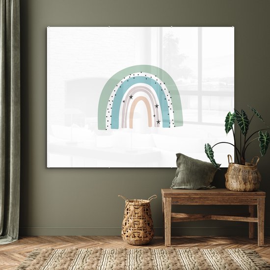 MuchoWow® Peinture sur verre 160x120 cm - Peinture sur verre acrylique - Arc-en-ciel - Enfants - Étoiles - Points - Pastel - Photo sur verre - Peintures