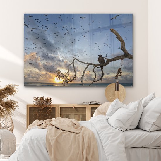 MuchoWow® Peinture sur verre 150x100 cm - Peinture sur verre acrylique - Vogel sur branche - Photo sur verre - Peintures