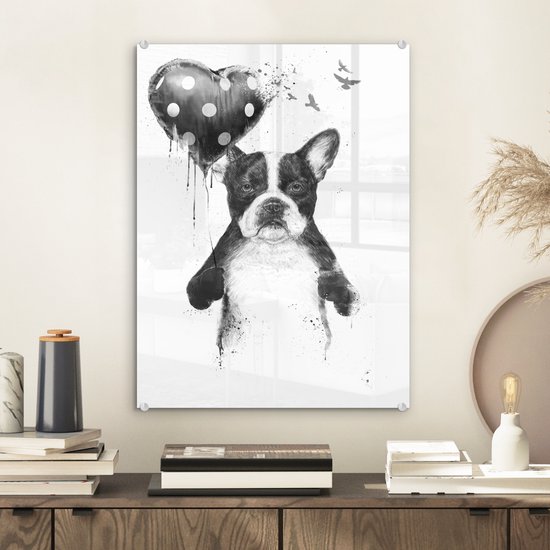 MuchoWow® Glasschilderij 30x40 cm - Schilderij acrylglas - Hond - Ballon - Stippen - Vogels - Foto op glas - Schilderijen