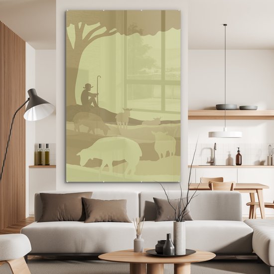 MuchoWow® Glasschilderij 100x150 cm - Schilderij acrylglas - Een illustratie van herder met kudde schapen - Foto op glas - Schilderijen