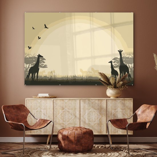 ® Glasschilderij 150x100 cm - Schilderij acrylglas - Een illustratie van een Afrikaanse safari als achtergrond met giraffen - Foto op glas - Muurdecoratie woonkamer - Wanddecoratie slaapkamer - Schilderijen
