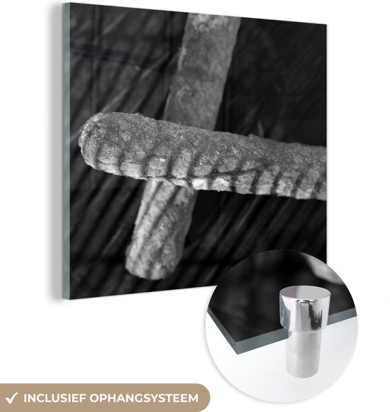 MuchoWow® Glasschilderij - Twee bevroren frikandellen liggen bovenop elkaar - zwart wit - 90x90 cm - Acrylglas Schilderijen - Foto op Glas