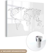 MuchoWow® Glasschilderij 120x90 cm - Schilderij acrylglas - Wereldkaart lijnen lichtgrijs - zwart wit - Foto op glas - Schilderijen