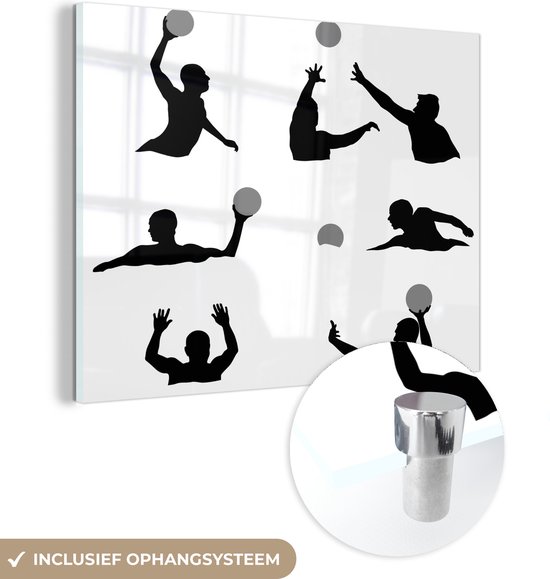 MuchoWow® Glasschilderij 80x60 cm - Schilderij acrylglas - Een silhouet illustratie van een waterpolo speler - zwart wit - Foto op glas - Schilderijen