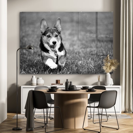 MuchoWow® Peinture sur verre 180x120 cm - Peinture sur verre acrylique - Chien qui court - noir et blanc - Photo sur verre - Peintures