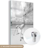 MuchoWow® Glasschilderij 40x60 cm - Schilderij acrylglas - Twee trotse flamingo's lopen over het strand - zwart wit - Foto op glas - Schilderijen