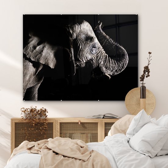 MuchoWow® Peinture sur verre - Éléphant - Zwart - Animaux - Nature - 120x90 cm - Peintures sur verre acrylique - Photo sur Glas