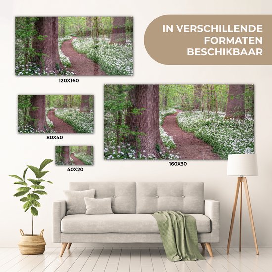 MuchoWow® Glasschilderij 160x80 cm - Schilderij acrylglas - Bos - Pad - Bloemen - Wit - Foto op glas - Schilderijen