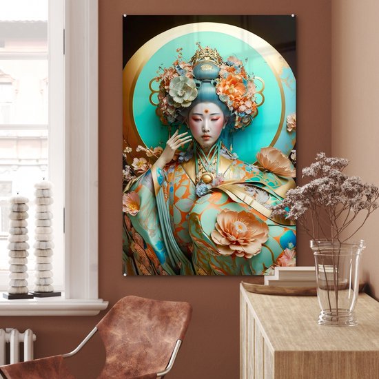 ® Glasschilderij 80x120 cm - Schilderij acrylglas - Vrouw - Kimono - Bloemen - Goud - Portret - Foto op glas - Muurdecoratie woonkamer - Wanddecoratie slaapkamer - Schilderijen
