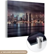 MuchoWow® Glasschilderij 120x90 cm - Schilderij acrylglas - New York - Skyline - Nacht - Foto op glas - Schilderijen