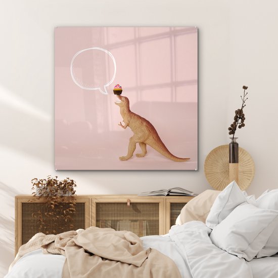 MuchoWow ® Peinture sur Verre - speelgoed Dinosaurus - Cupcake - Rose - 90x90 cm - Peintures sur Verre Peintures - Photo sur Glas