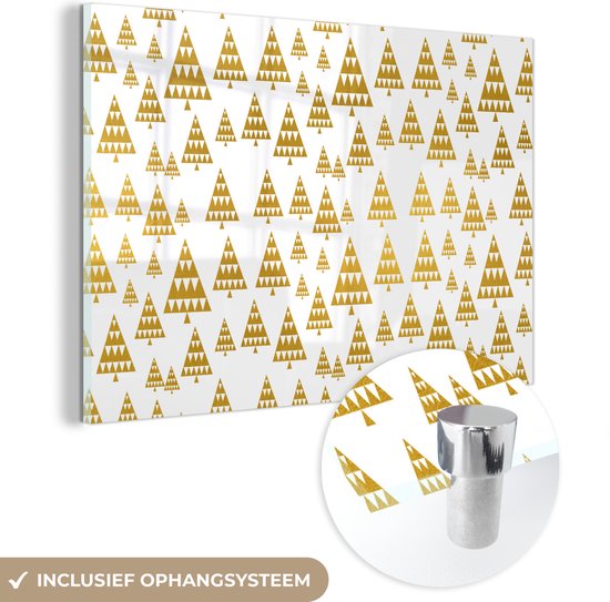 MuchoWow® Glasschilderij 60x40 cm - Schilderij acrylglas - Kerst - Kerstbomen - Goud - Patronen - Foto op glas - Schilderijen