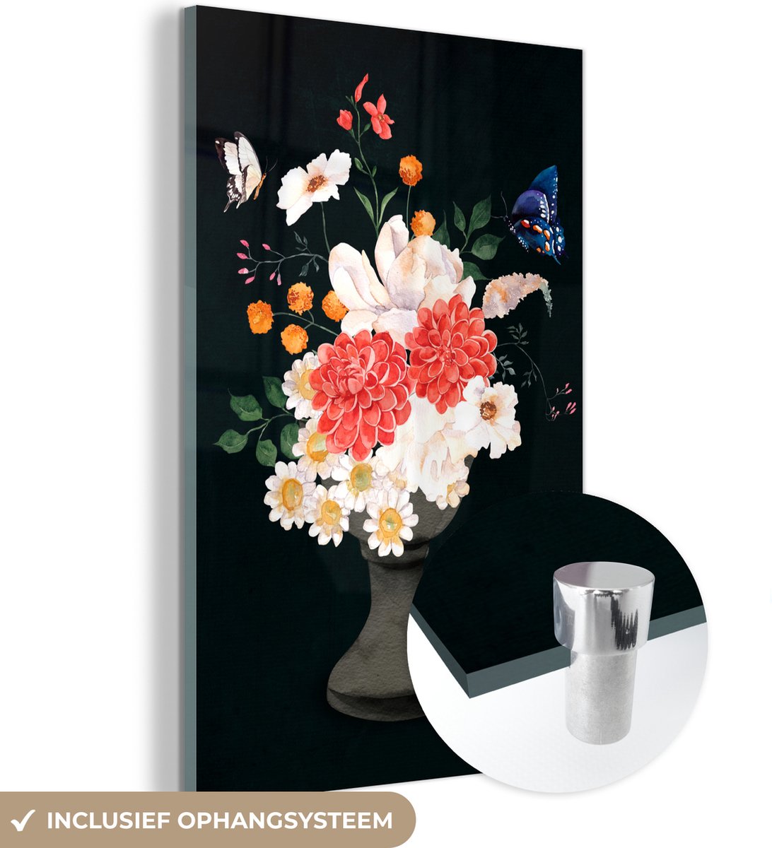 MuchoWow® Glasschilderij 40x60 cm - Schilderij acrylglas - Stilleven - Bloemen - Waterverf - Foto op glas - Schilderijen