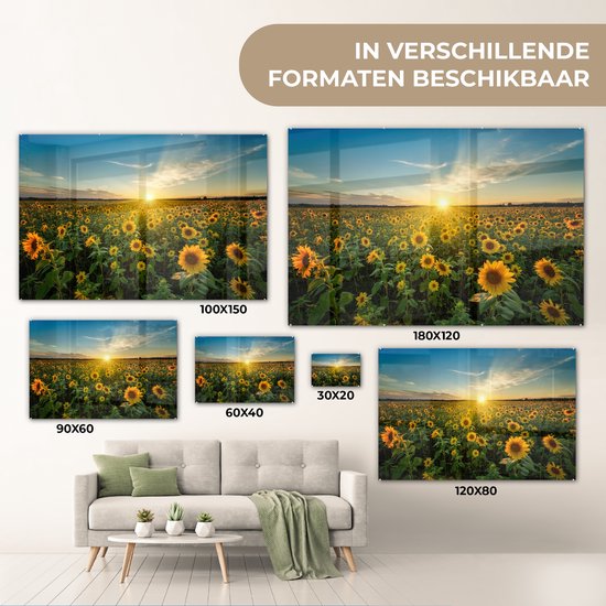 Peinture sur verre - Décoration murale - Fleurs - Tournesol - Jaune - Ciel - Peinture sur verre - Photo sur verre - Peinture fleurs - Verre acrylique - 30x20 cm - Décoration murale
