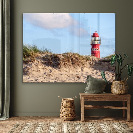 MuchoWow® Glasschilderij 160x120 cm - Schilderij acrylglas - Strand - Vuurtoren - Duin - Foto op glas - Muurdecoratie woonkamer - Wanddecoratie slaapkamer - Schilderijen