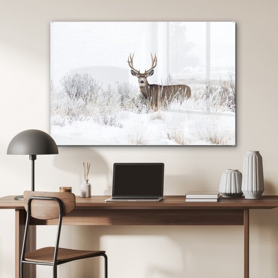 MuchoWow® Peinture sur Verre - Cerf - Hiver - Neige - Animaux - Saisons - Wit - 90x60 cm - Peintures sur Verre Peintures - Photo sur Glas
