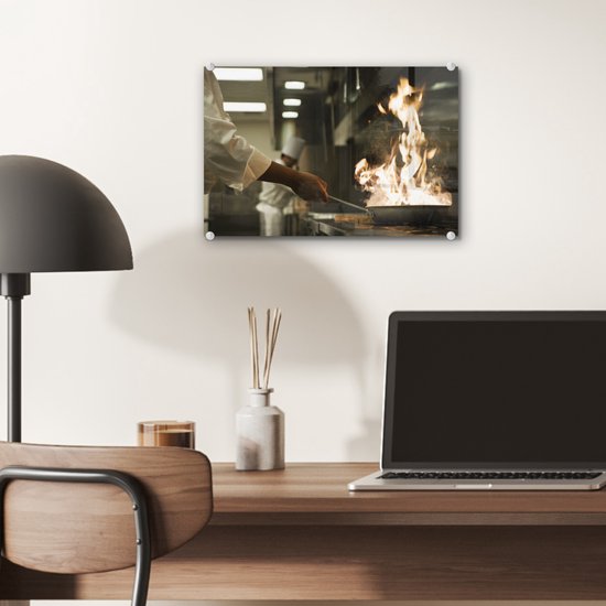 MuchoWow® Peinture sur Verre - Kok tenant une poêle brûlante - 30x20 cm - Peintures sur Verre Acrylique - Photo sur Glas