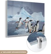 MuchoWow® Glasschilderij 80x60 cm - Schilderij acrylglas - Pinguïns springen uit het water - Foto op glas - Schilderijen