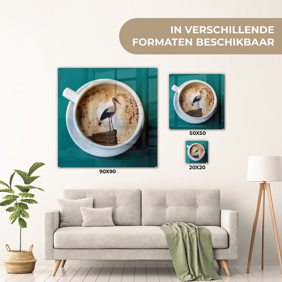 MuchoWow® Peinture sur verre 90x90 cm - Peinture sur verre acrylique - Café - Cigogne - Tasse - Photo sur verre - Peintures