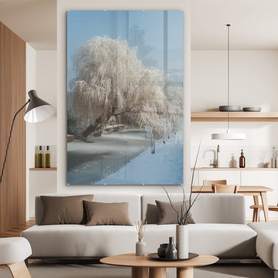 MuchoWow® Peinture sur verre 120x180 cm - Peinture sur verre - Saule pleureur en hiver - Photo sur verre acrylique - Peintures