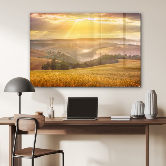 MuchoWow® Peinture sur verre - Brouillard - Soleil - Paysage - 90x60 cm - Peintures sur verre acrylique - Photo sur Glas